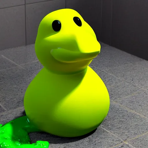 Image similar to rubber duck made of green slime melting on a bathroom, octane render, unreal engine, excellent composition, trending on artstation, million of likes