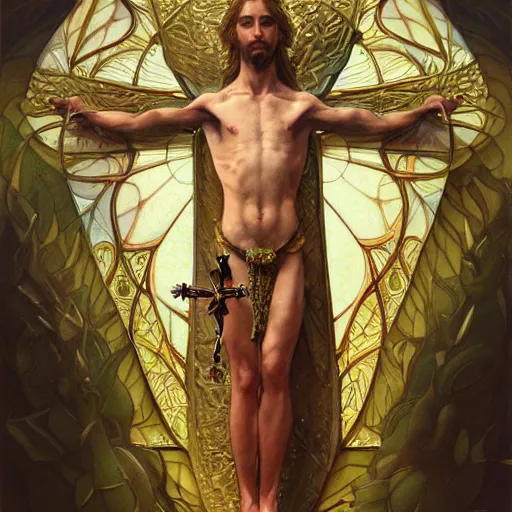 Image similar to fullbody!! christ as a scaly cold blooded reptilian lizard holding a holy cross in his claws, intricate, elegant, highly detailed, digital painting, artstation, concept art, smooth, sharp focus, illustration, art by artgerm and greg rutkowski and alphonse mucha