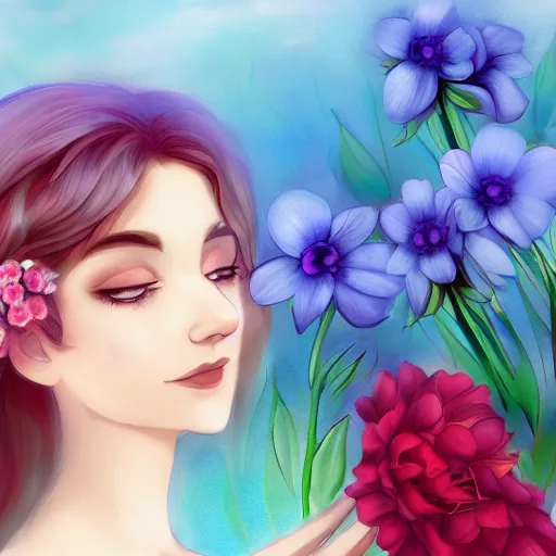 Image similar to a picture of a dreaming woman with flowers grow out of hair, roses peonies forget-me-nots dahlias lupins gladioli, sky theme in background, Digital Art, Trending on artstation