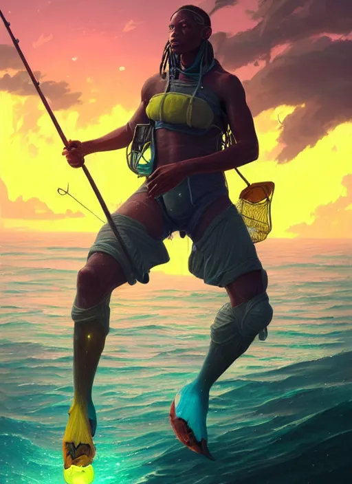 Image similar to portrait of a jamaican fisherman sci - fi glowing fishing armor jamaican colors muscular cyberpunk intricate elegant highly detailed digital painting artstation concept art, ocean fish background, greg rutkowski, loish, rhads, ferdinand knab, makoto shinkai and lois van baarle, ilya kuvshinov, rossdraws, tom bagshaw