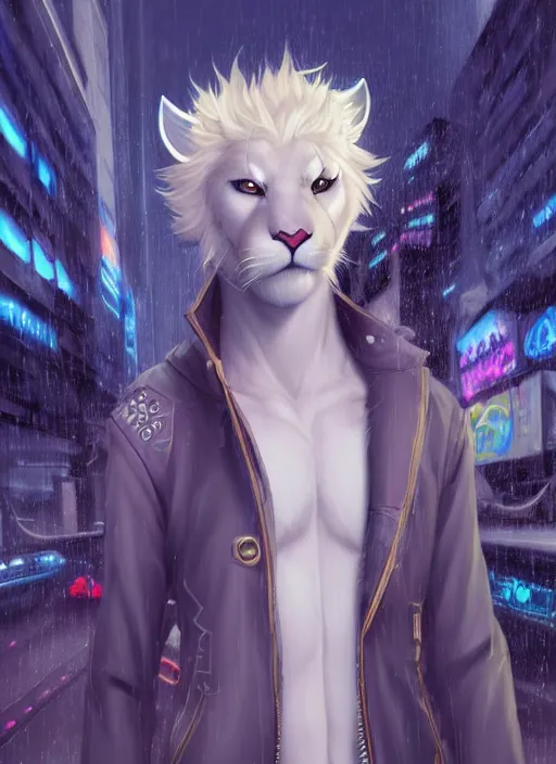 Prompt: award winning beautiful portrait commission of a male furry anthro albino mountain lion fursona with a tail and a cute beautiful attractive detailed furry face wearing stylish cyberpunk clothes in a cyberpunk city at night while it rains. Vaporwave. Character design by charlie bowater, ross tran, artgerm, and makoto shinkai, detailed, inked, western comic book art