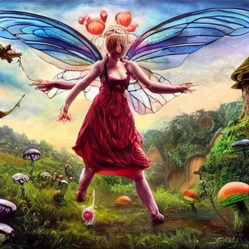 Prompt: hyper realistic Scary godlike fairy killing a frog , detailed mushroom village in the background , Taras Shevchenko style, post-processing, fantasy , masterpiece , junji ito, painting , vibrant colors