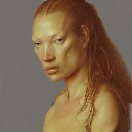 Prompt: side view portrait of cyborg kate moss by albrecht durer, william warehouse, jan van eyck, concept art, craig mullins