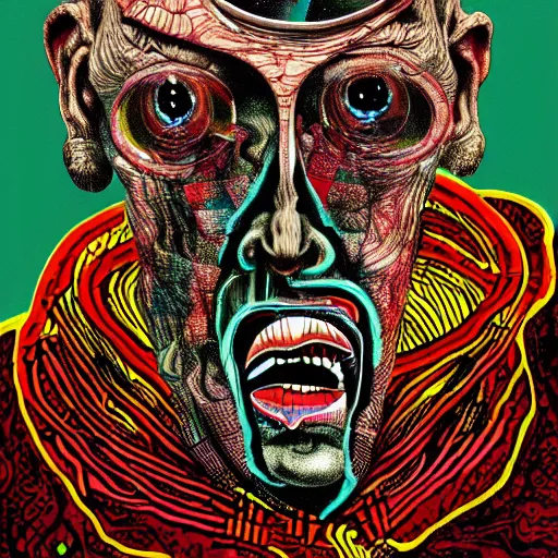 Prompt: graphic illustration, creative design, ancient lord, biopunk, francis bacon, highly detailed, hunter s thompson, mixed media