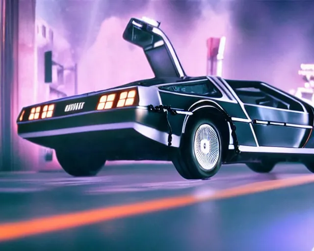 Prompt: still of delorean from bttf, traveling in time at high speed, long exposure, ultra - realistic and intricate, epic neon lighting