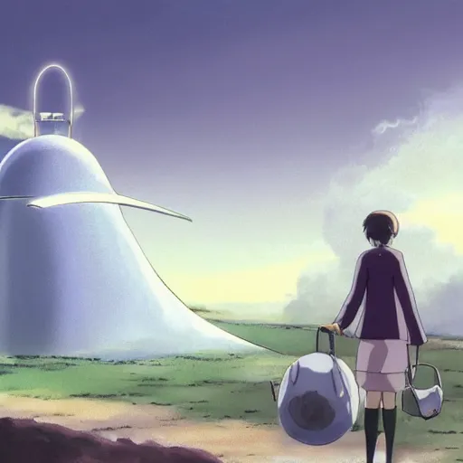 Image similar to an asymmetrical cell - shaded studio ghibli concept art study of a huge silver flying ufo in the sky. an elegant alien is greeting a middle eastern merchant on the ground. very dull colors,, hd, 4 k, hq