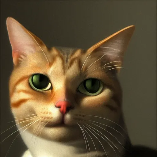 Image similar to an hyper realistic closeup portrait of an innocent, elegant cat, smiling, wearing pearl earrings, blender render, global illumination, by jan vermeer