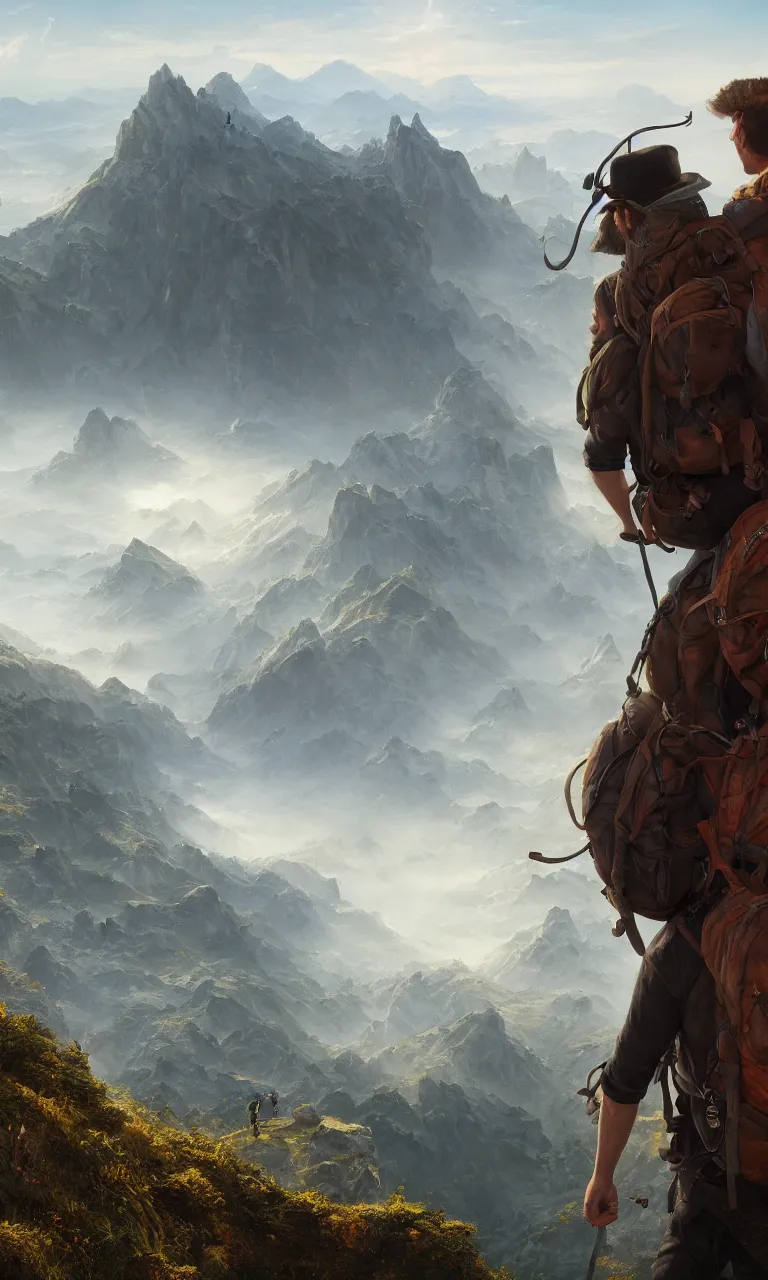 Prompt: an oil art close - up centered adventurer with a leather hiking rucksack on his back looking out to a view from a cliff looking out to a fantasy mountain landscape, 4 k, ultra detail, volumetric lighting, unreal engine, octane render, tom bagshaw, andreas rocha