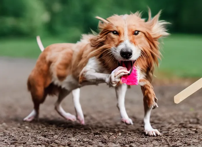 Prompt: photo still of a dog chasing a mouse while eating a popsicle, 8 k, 8 5 mm f 1. 8