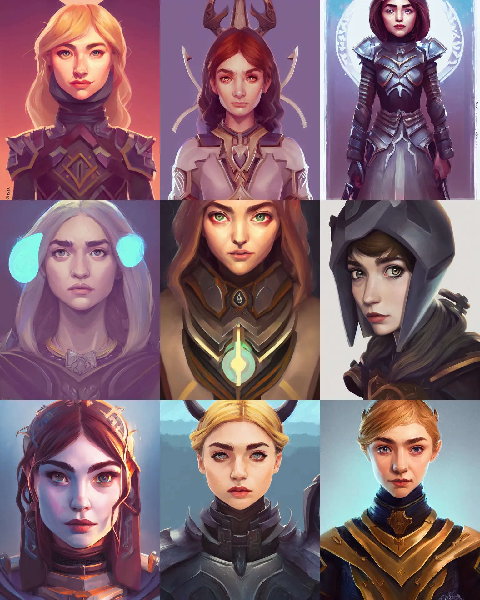 Prompt: front facing symmetrical centered painted portrait, just one head, Imogen Poots as a D&D Paladin, RPG character avatar, Riot Games concept art, Arcane show art style, global illumination lighting, trending on artstation, by lois van baarle, ilya kuvshinov, rossdraws