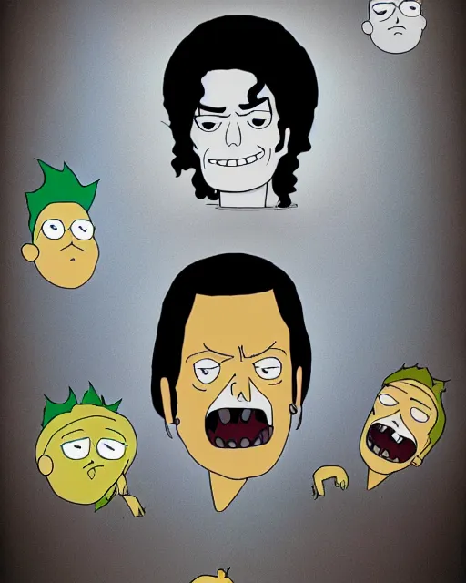 Image similar to portrait of michael jackson in the style of justin roiland. cinematic lighting. style of rick & morty. photographic, photography. by justin roiland