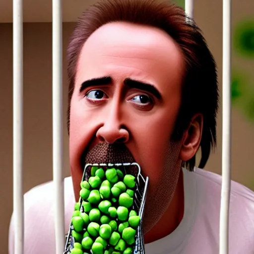 Image similar to nicolas cage trapped in a wicker cage with a mouth full of peas