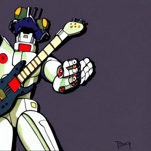 Image similar to A cell animation of a robot playing guitar, macross, gundam, ghibli style, illustration, anime, trending on artstaion