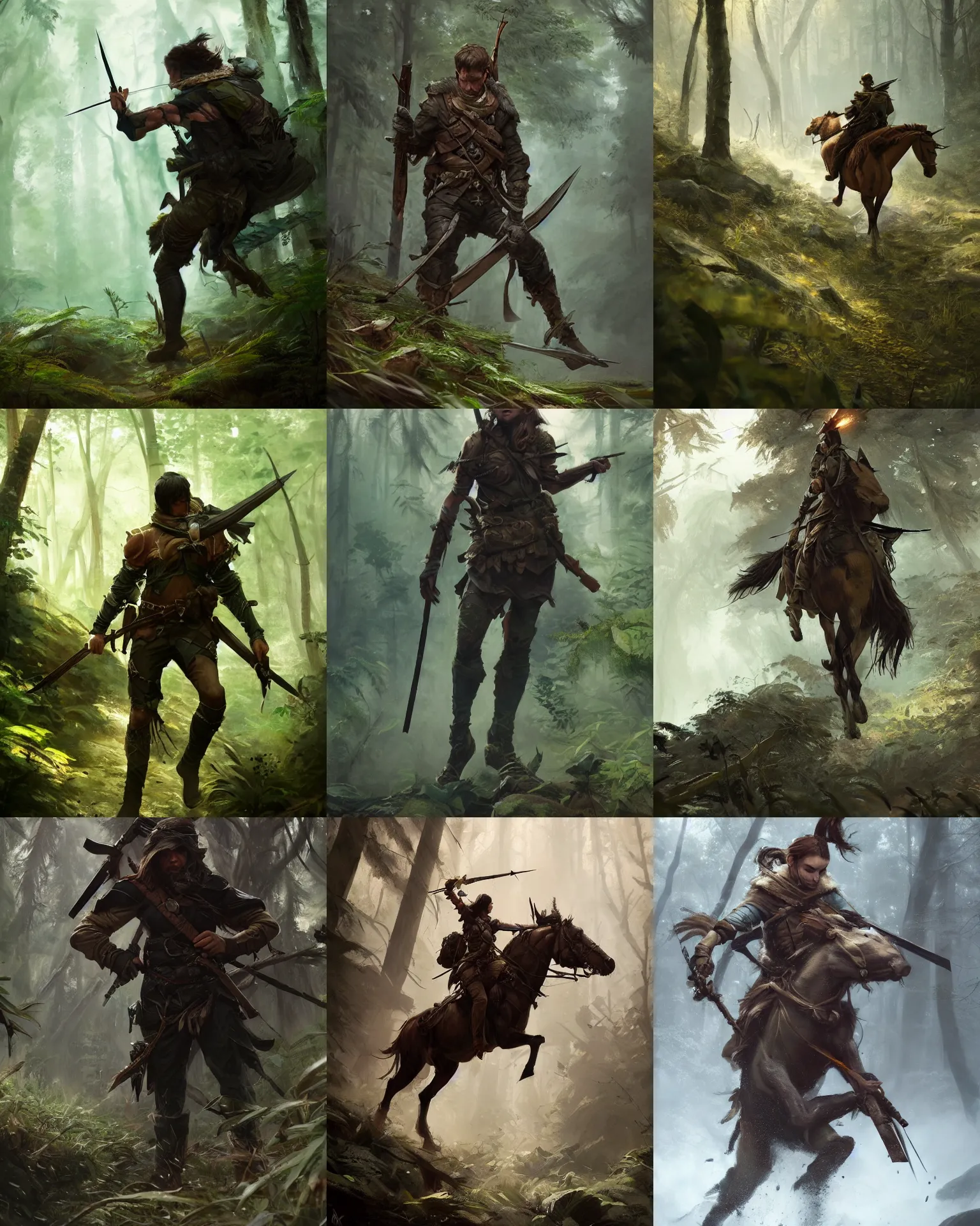 Prompt: a beautiful action portrait of a DnD-ranger hunting in a forest, by Greg Rutkowski and Raymond Swanland, Trending on Artstation, ultra realistic digital art