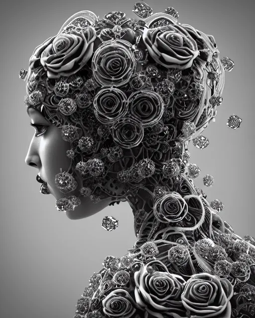 Image similar to mythical dreamy black and white organic bio-mechanical spinal ribbed profile face portrait detail of translucent steampunk beautiful female angelic-human-queen-vegetal-cyborg, highly detailed, intricate crystal ivy jelly ornate, poetic, translucent roses ornate, 3D render, digital art, octane render, 8K artistic photography, photo-realistic, by Dora Maar