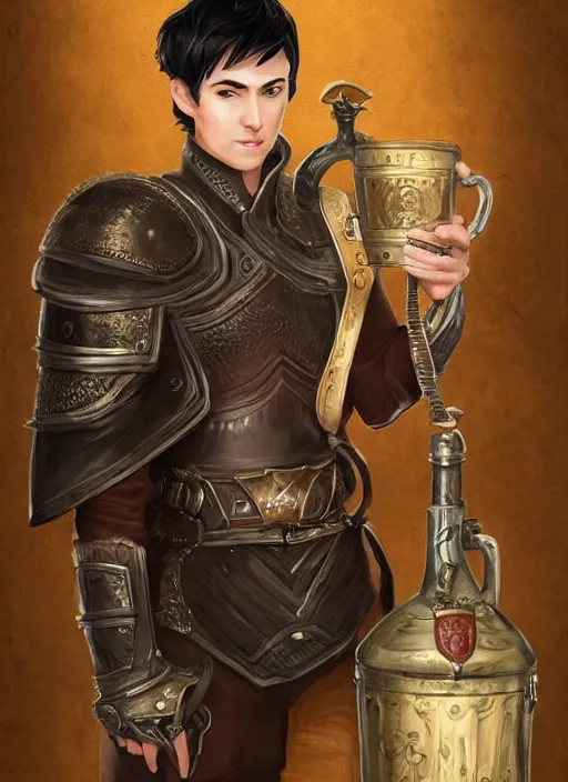 Image similar to Young man, slim, pale, short black hair, wearing armor made of leather, holding a tankard of ale, digital art, realistic, D&D, detailed, trending on artstation, sea in the background