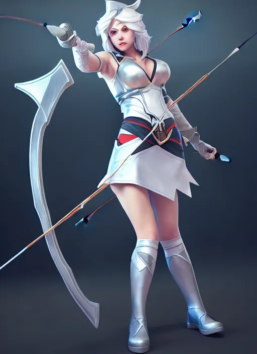 Image similar to ashe, from league of legends, shooting arrows with a silver bow, wearing nurse costume, white skirt, hyper detailed, digital art, trending in artstation, cinematic lighting, studio quality, smooth render, unreal engine 5 rendered, octane rendered, art style by klimt and nixeu and ian sprigger and wlop and krenz cushart
