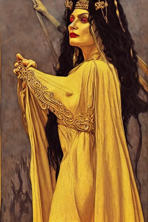 Image similar to Portrait of historically accurate, ancient biblical, sultry, sneering, evil, pagan, wicked, queen jezebel, wearing gilded robes, long hair, intricate, elegant, highly detailed, masterpiece, illustration, art by NC Wyeth, highly detailed, trending on artstation, award winning