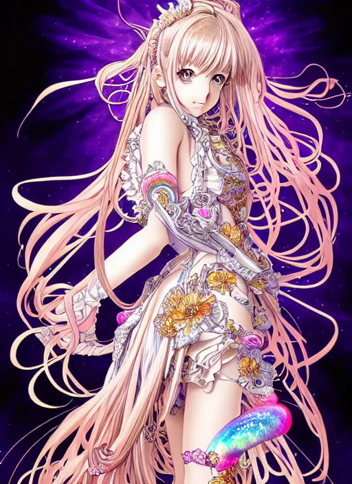 Image similar to highly detailed artstation manga poster of girl mechine, long hair, armor, dress, laces, ruffles, 8 k, rainbow gradient bloom, maximalist, takeshi obata, artgerm, hajime sorayama, alphonse mucha