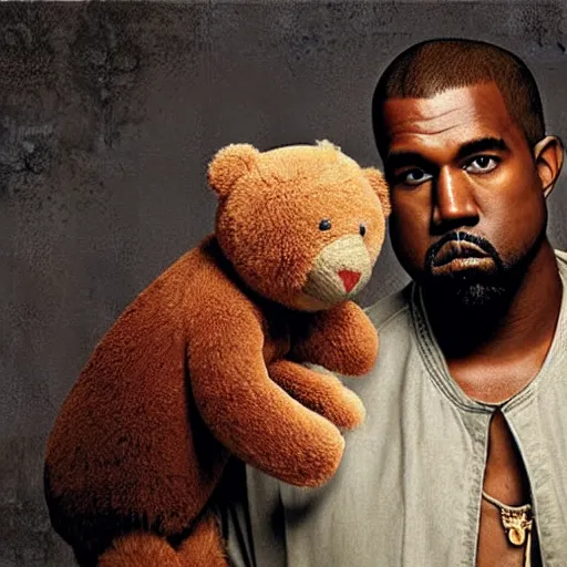 Image similar to A renaissance painting of Kanye West with a anthropomorphic Teddy Bear mascot, portrait,