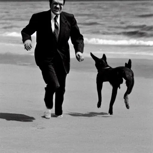 Image similar to Richard Nixon running with his dog on the beach