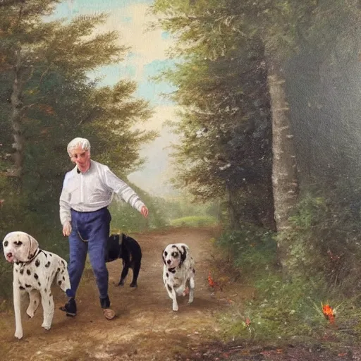 Prompt: granddad and blond curly young grandson walking in french forest with a dalmatian dog with black spots oil painting