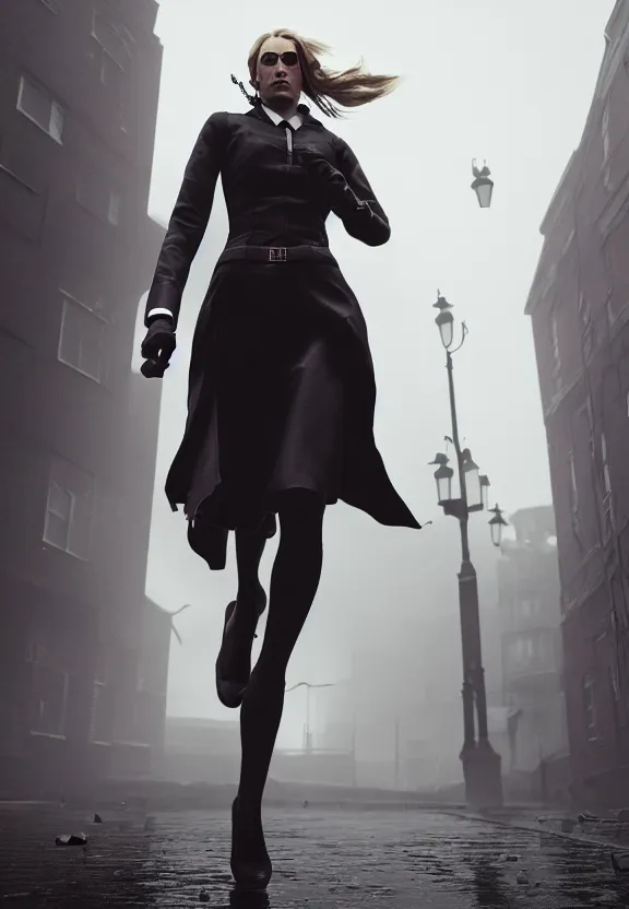 Image similar to beautiful model annie leonhart running on high heels in dunwall city, beautiful face, detailed face, cinematic lighting, rainy weather, melancholy atmosphere, volumetric light, octane render, dishonored 1, gothic architecture, realistic reflections, octane render 8 k, model agency