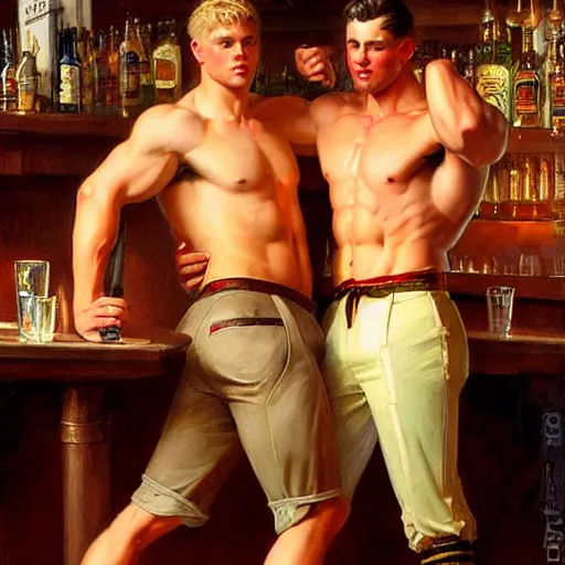 Prompt: attractive muscular male with brunet hair and attractive muscular male with blond hair. pants and shorts, drinking their hearts out, in a pub. very defined and detailed painting by j. c. leyendecker, gaston bussiere, craig mullins 8 k