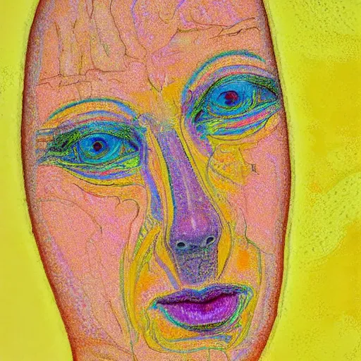 Image similar to elaborate pastel yellow, cloisonne by jean restout the younger. a photograph of a human head seen from multiple perspectives at once, as if it is being turned inside out. every angle & curve of the head is explored & emphasized, creating an optical illusion.