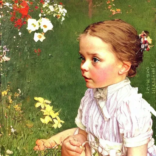 Prompt: a little girl with wavy light brown hair and blue eyes in a beautiful garden. beautiful painting by norman rockwell and raymond swanland, beautiful detailed face.