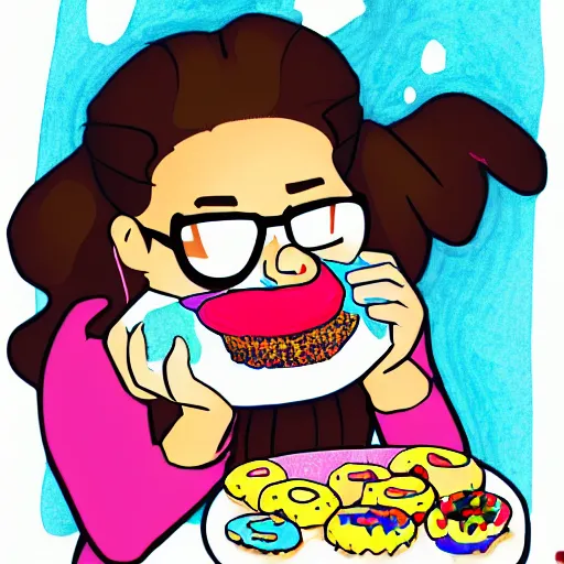 Prompt: Mabel Pines eating a donut, colourful, drawing, masterpiece, high detail, digital art, by Alex Hirsch