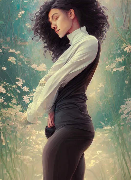 Image similar to handsome young black women with shoulder length white hair, half body shot, path traced, highly detailed, high quality, digital painting, alena aenami, lilia alvarado, shinji aramaki, karol bak, alphonse mucha, tom bagshaw