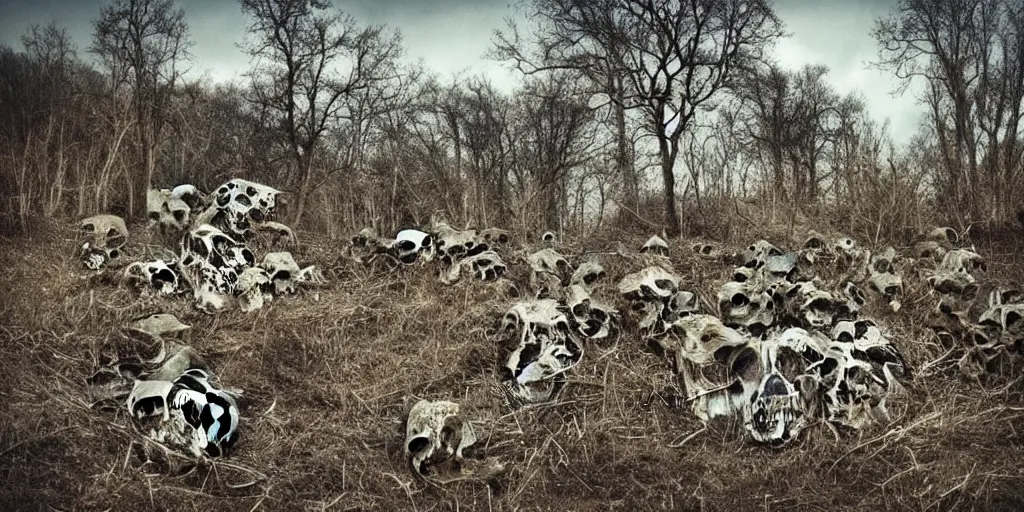 Image similar to beautiful decaying nature landscape with skulls everywhere
