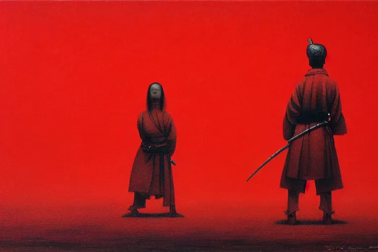 Image similar to only with red, a red samurai harakiri, tokio, a lot of frogs watch, in the style of beksinski, parts by edward hopper, parts by rodcenko, parts by yue minjun, intricate and epic composition, red by caravaggio, insanely quality, highly detailed, masterpiece, red light, artstation, 4 k