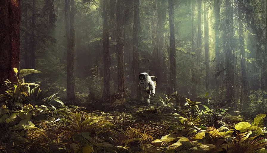 Image similar to american astronaut in the forest, plants environment, wide angle, cinematic lighting, atmospheric, realistic, octane render, highly detailed, color graded, in the style of craig mullins