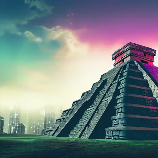 Prompt: Mayan temples merged with cyberpunk futuristic aesthetic 4k highly detailed