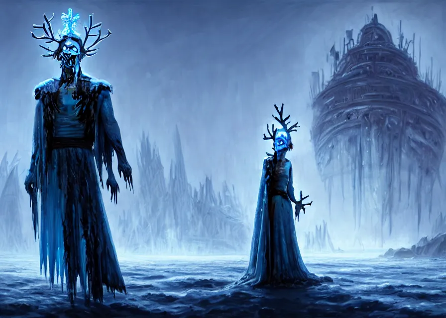 Image similar to frozen zombie man with a crown, eyes glow blue, broken ship in the background, is at dawn and bluish, fantasy, intricate, elegant, highly detailed, digital painting, artstation, concept art, matte, sharp focus, illustration, art by aenaluck and roberto ferri and greg rutkowski, epic fantasy, digital painting