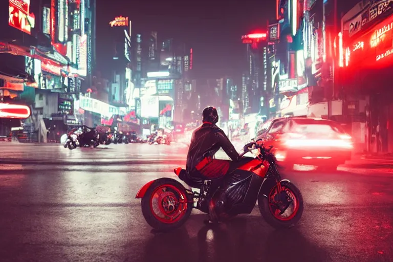 Image similar to man sitting on parked motorcycle. red black white leather jacket cyberpunk helmet. Black motorcycle orange emissive glowing wide angle shot long distance Bladerunner 2049 Wadim Kashin Wenjun Lin beautiful cyberpunk city night time