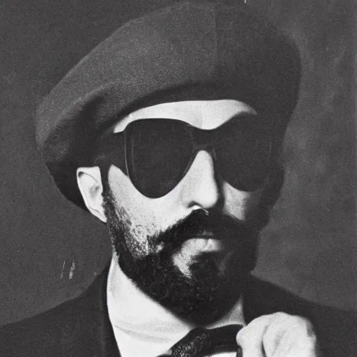 Prompt: An Algerian man in an indigo suit, wearing a scarlet fez hat, black sunglasses and a thick goatee, dark and mysterious, arcane, eldritch