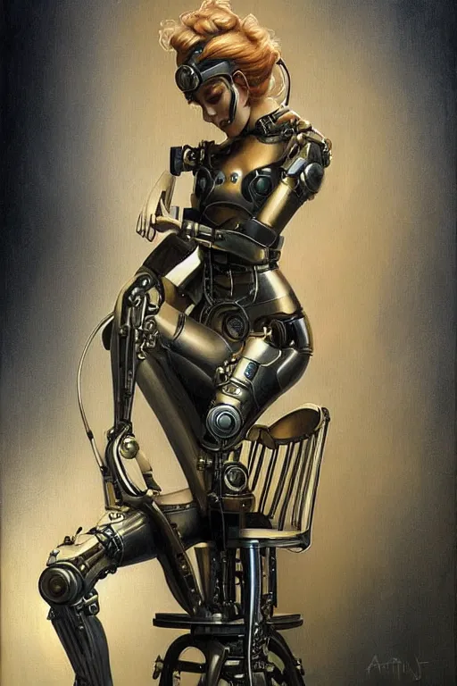 Prompt: retrofuturistic female android tied to a chair, steampunk, gears, detailed mechanical parts, painting by artgerm julie bell Jean Delville