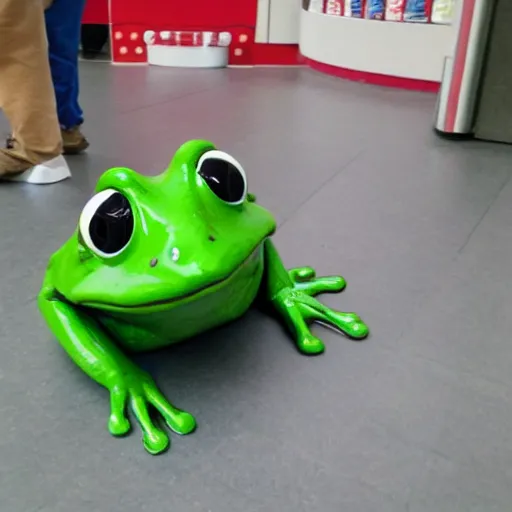 Prompt: anthropomorphic frog in tesco