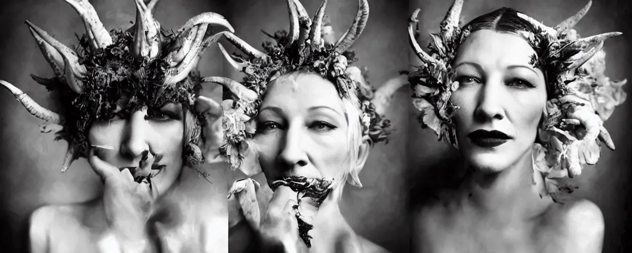 Image similar to 1920s portrait photography of cate blanchett transforming into a monster, edelweiss growing out of his face, goat horns on his head