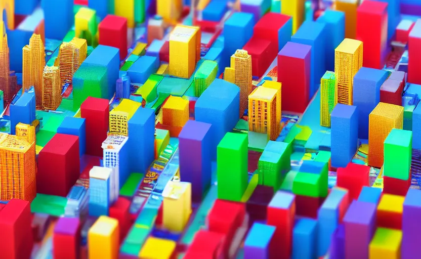 Prompt: blocks of colorful jello in the shape of the chicago skyline by anthony danielle and ray canlas jr, photorealistic, tilt shift, shallow depth of field, unreal engine render, octane render, 8 k