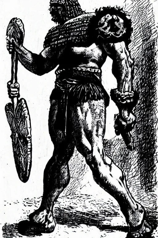 Image similar to ancient historically accurate depiction of the Bible Character Goliath of Gath, the Philistine warrior giant by frank miller