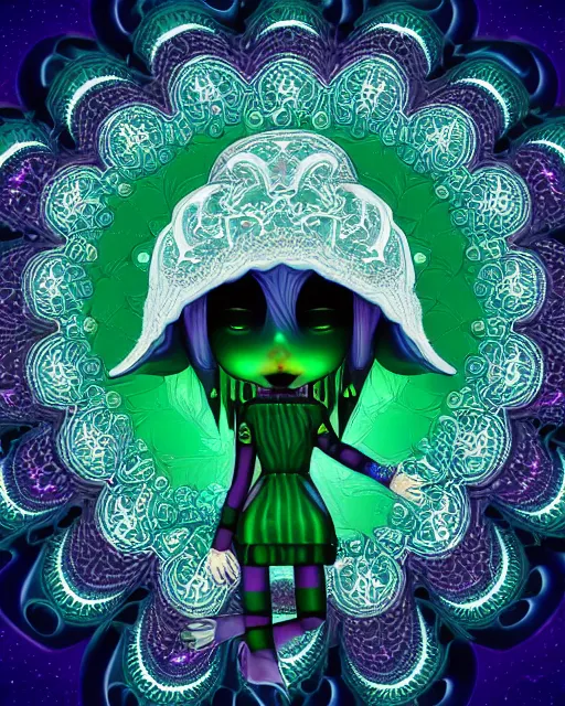 Image similar to fractal mandala funny nendroid nendroid girl very funny joy emoji psy trip ghost color an ancient white bone and emerald gemstone relic, intricate engraving concept art style