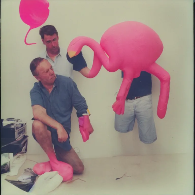 Prompt: dad on a hangover deflating a pink flamingo, polaroid photo