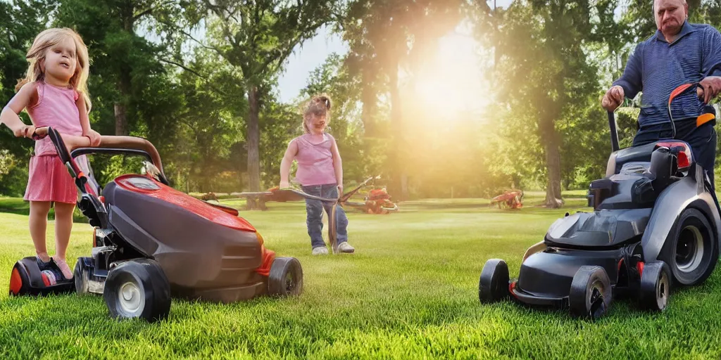 Image similar to a two shot of a cute long haired toddler pushing her plastic lawn mower as she follows directly behind her father, who is mowing his lawn while sitting on a riding lawnmower, golden hour