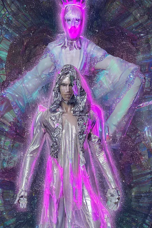 Image similar to full-body rococo and cyberpunk delicate crystalline sculpture of (((muscular slender Spanish male))) as an iridescent humanoid deity wearing a thin see-through ((plastic hooded cloak)) sim roupa, reclining con (las piernas abiertas), glowing pink face, crown of (((white lasers))), large diamonds, swirling black silk fabric. futuristic elements. oozing glowing liquid, full-length view. space robots. (((human skulls))). throne made of bones, intricate artwork by caravaggio. Trending on artstation, octane render, cinematic lighting from the right, hyper realism, octane render, 8k, depth of field, 3D