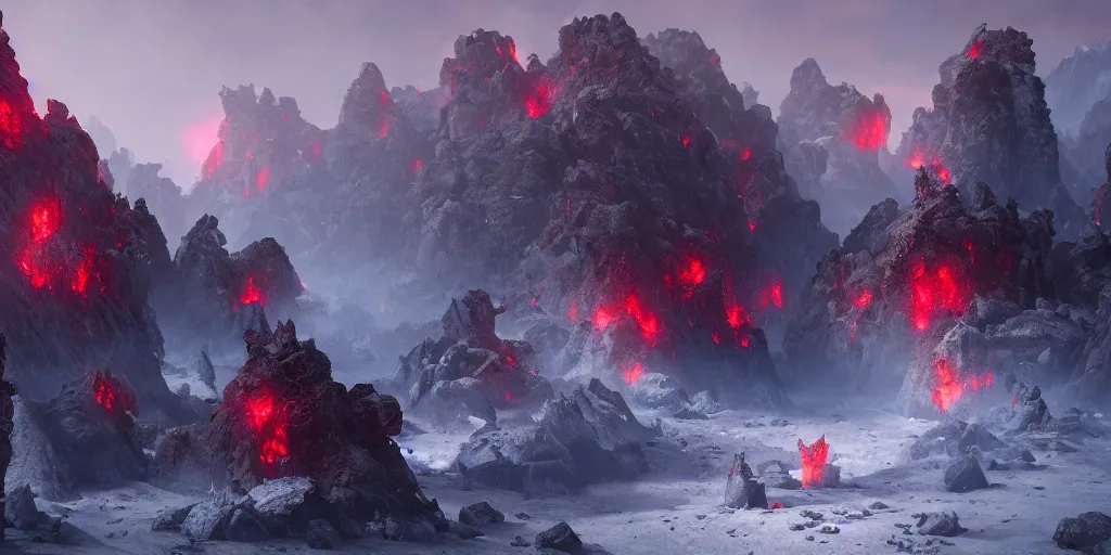 Image similar to a epic landscape full of big red crystals spikes emerging from the ground, concept art, octane render, unreal engine 5, trending on artstation, greg rutkowski, hyperrealistic, highly detailed, high quality, 8 k, dramatic lighting, cinematic, high coherence, high contrast, digital art, high definition, path traced, night