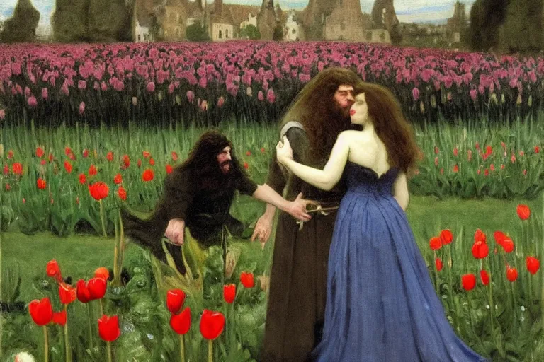 Image similar to hagrid the viking and morticia addams kiss in a field of tulips, masterpiece, highly detailed, oil on canvas, art by walter sickert, john singer sargent, and william open